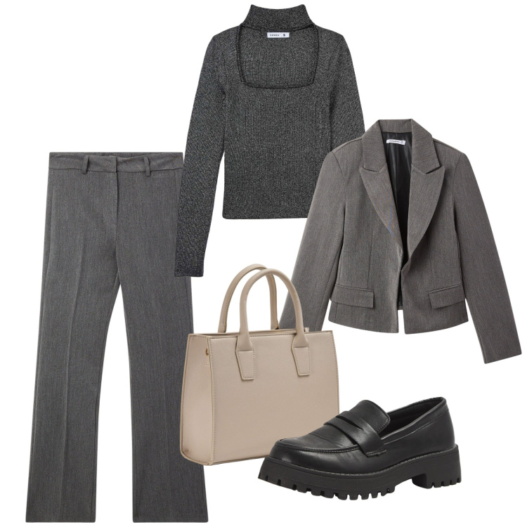 Outfit donna - Monocolore. Stile Casual per Tutti i giorni. Abbinamento con blazer, shopping bag, mocassini, maglieria, pantaloni.
