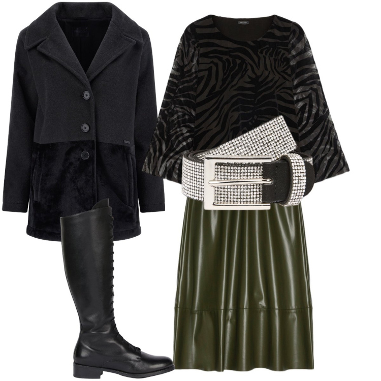 Outfit donna - La cintura che brilla a Capodanno. Stile Glamour per Serata fuori. Abbinamento con cappotti, gonne longuette, maglieria, cinture, stivali.