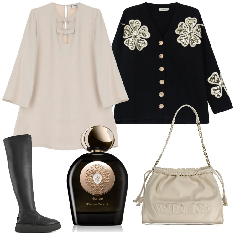 Outfit donna - Abito corto e cardigan. Stile Casual chic per Serata fuori. Abbinamento con profumi, vestiti corti, cardigans, stivali sopra il ginocchio, borse a spalla.