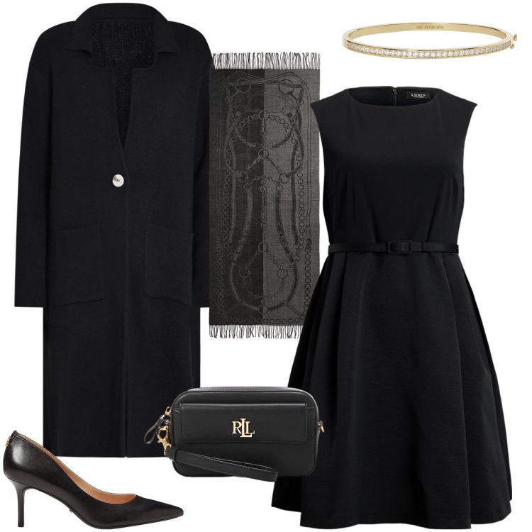 Outfit donna - La sciarpa elegante. Stile Chic per Serata fuori. Abbinamento con braccialetti, cardigans, pochette, décolleté, vestiti, sciarpe.