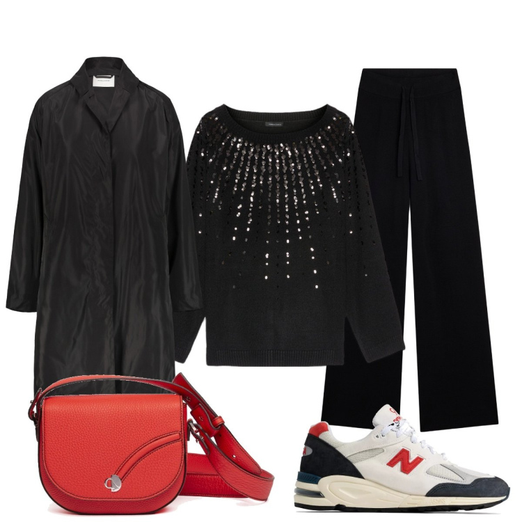 Outfit donna - Nero non amour. Stile Minimal per Serata fuori. Abbinamento con sneakers, pantaloni, trench, maglieria, borse a tracolla.