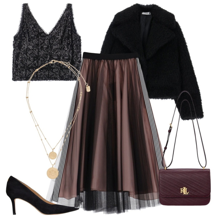 Outfit donna - Dettagli luminosi - Focus donna curvy. Stile Glamour per Serata fuori. Abbinamento con blazer, gonne longuette, top, ciondoli, borse a spalla, décolleté.