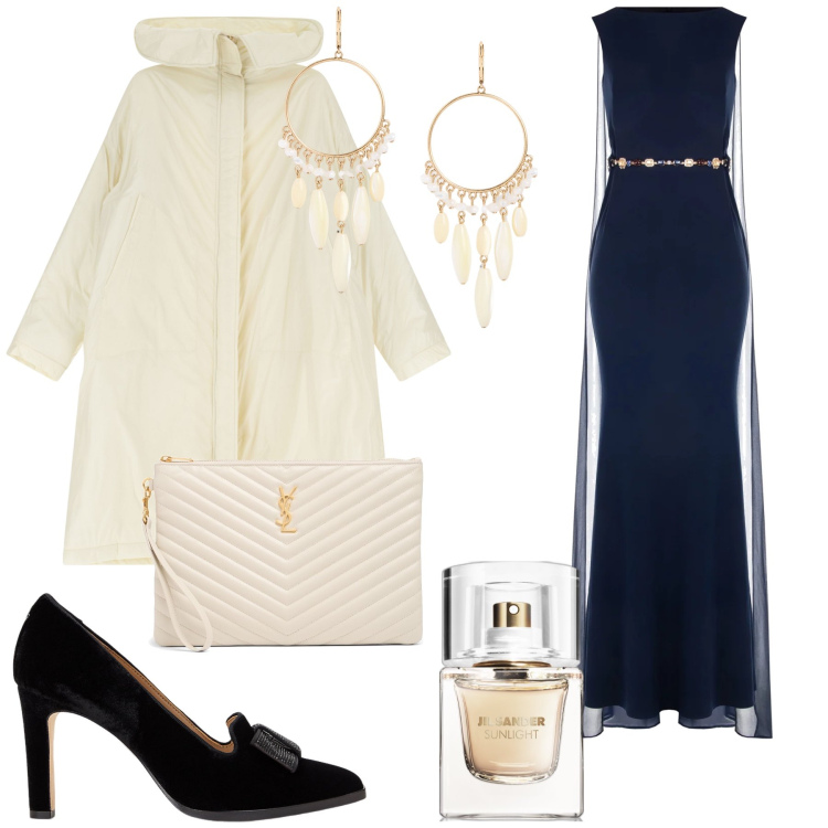 Outfit donna - Party wow. Stile Glamour per Serata fuori. Abbinamento con profumi, vestiti lunghi, parka, orecchini, décolleté, pochette.
