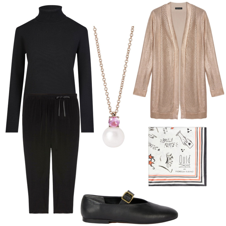 Outfit donna - Dicembre. Stile Casual chic per Tutti i giorni. Abbinamento con collane, maglieria, cardigans, pantaloni, ballerine, foulard.