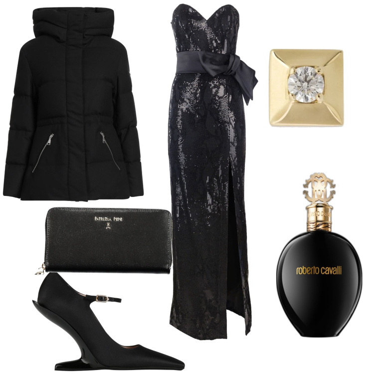 Outfit donna - Super party super sconti. Stile Chic per Serata fuori. Abbinamento con décolleté, piumini, profumi, vestiti lunghi, portafogli, orecchini.