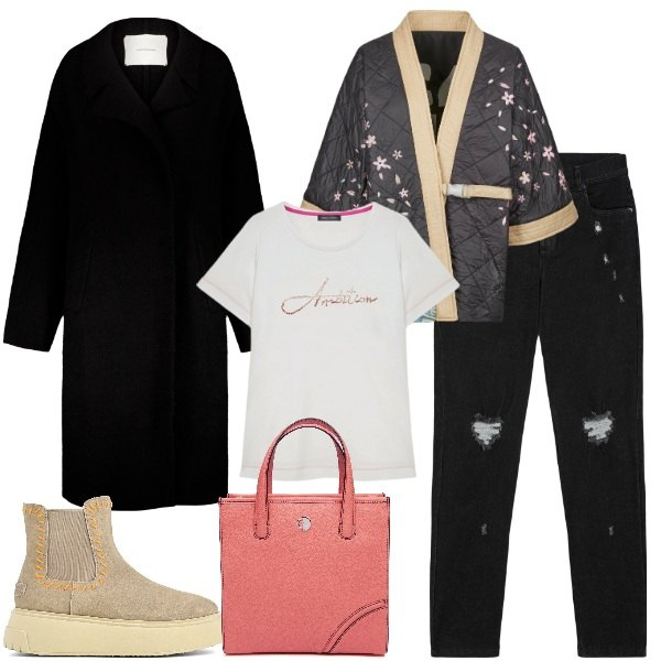 Outfit donna - Il mio dicembre. Stile Urban per Tutti i giorni. Abbinamento con jeans skinny, kimono, cappotti, stivaletti, shopping bag, t-shirt.