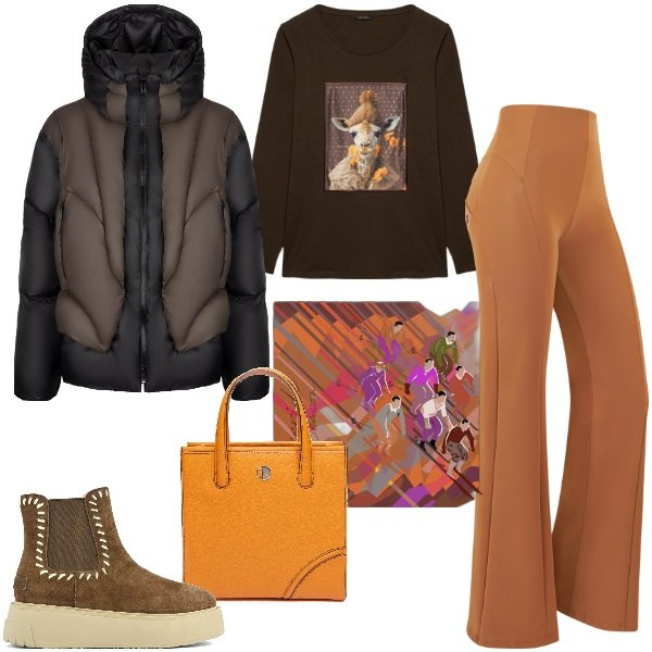 Outfit donna - Questa sono io, lo stile che mi rapprese. Stile Sporty chic per Tutti i giorni. Abbinamento con pantaloni, piumini, stivaletti, t-shirt, foulard, shopping bag.