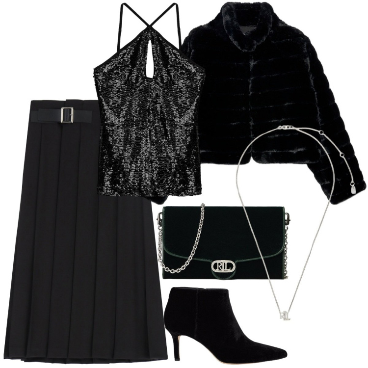 Outfit donna - Dettagli luminosi - focus donna curvy. Stile Glamour per Serata fuori. Abbinamento con gonne longuette, top, ciondoli, borse a tracolla, stivaletti, blazer.