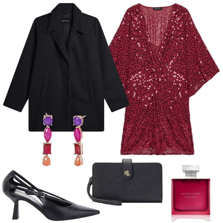 Outfit donna - Brilla a capodanno. Stile Glamour per Serata fuori. Abbinamento con profumi, orecchini, cappotti, décolleté, pochette, vestiti.