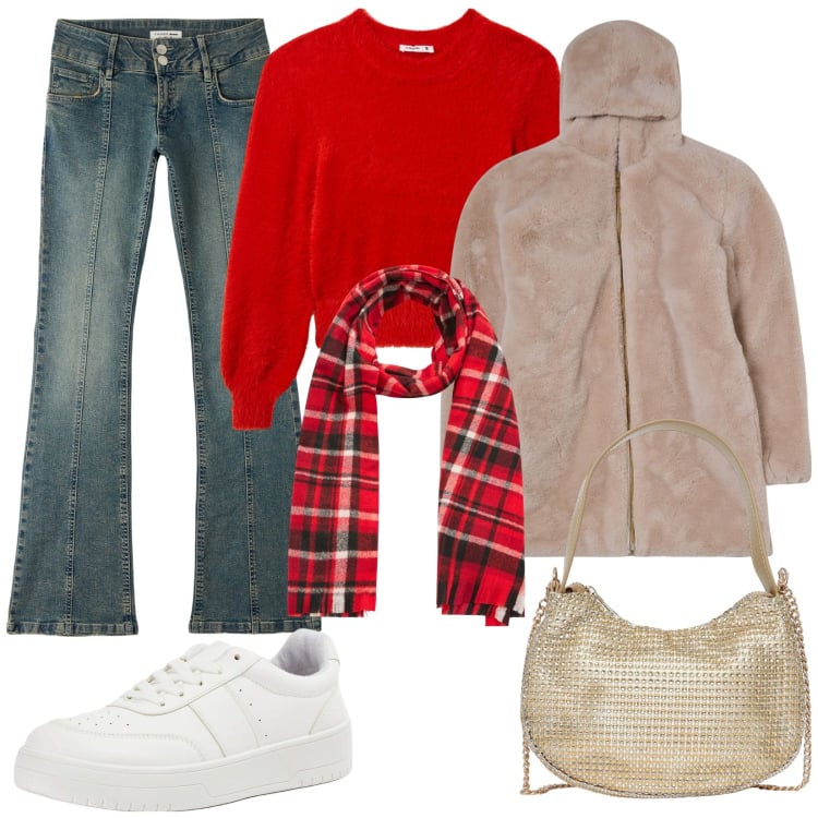 Outfit donna - Terranova Natale. Stile Basic per Tutti i giorni. Abbinamento con jeans a zampa, maglieria, sneakers, ecopellicce, sciarpe, borse a spalla.