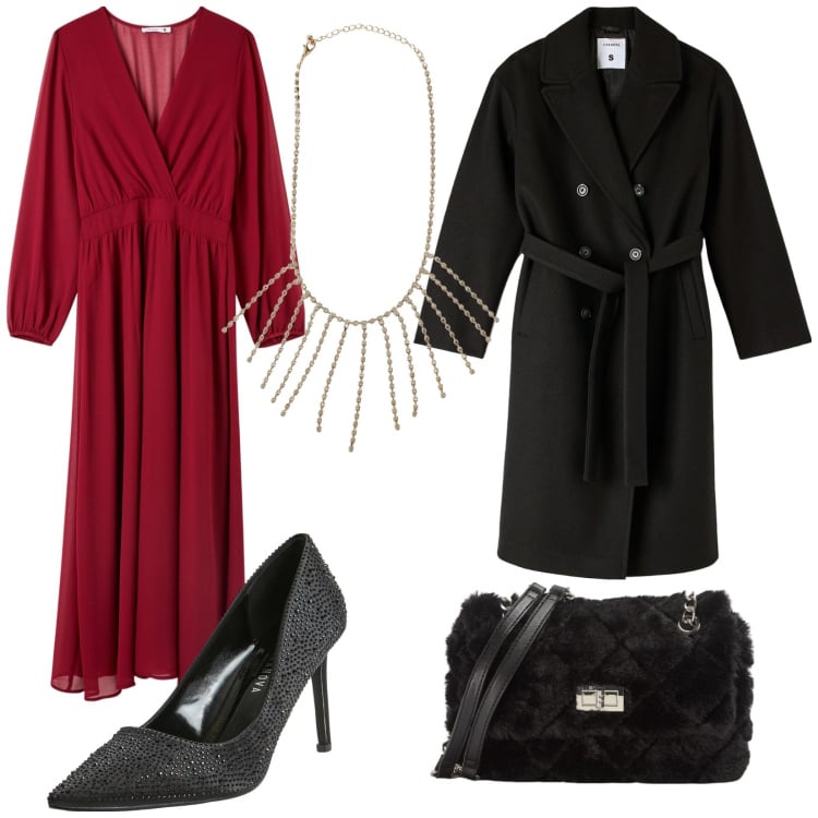 Outfit donna - Terranova Natale. Stile Chic per Serata fuori. Abbinamento con vestiti lunghi, décolleté, collane, borse a spalla, cappotti.