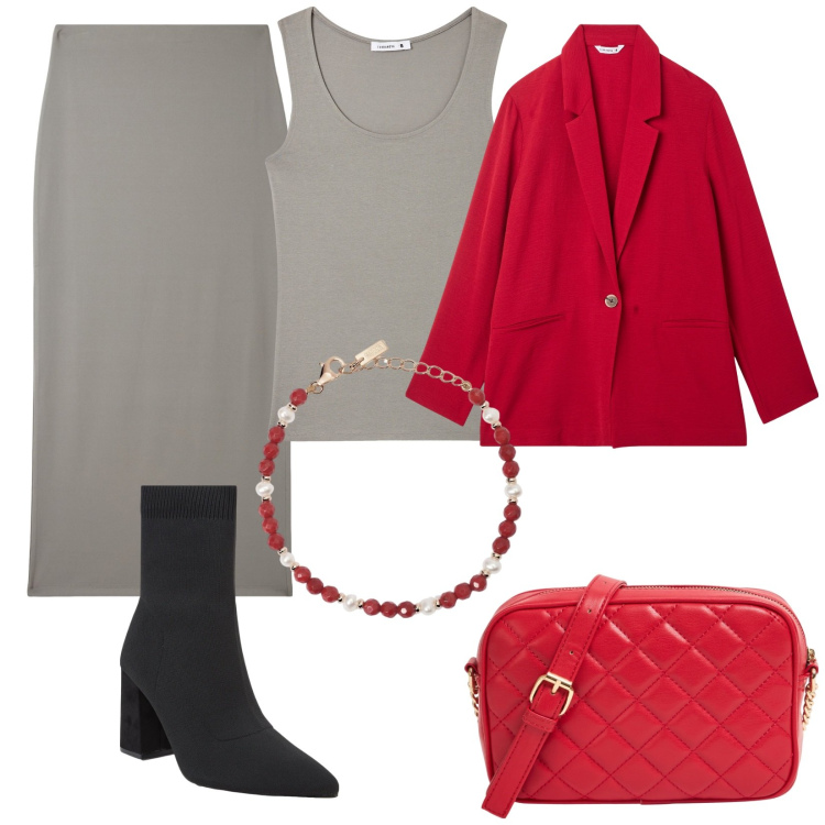 Outfit donna - Terranova Natale. Stile Trendy per Serata fuori. Abbinamento con blazer, gonne lunghe, borse a tracolla, stivaletti, canottiere, braccialetti.