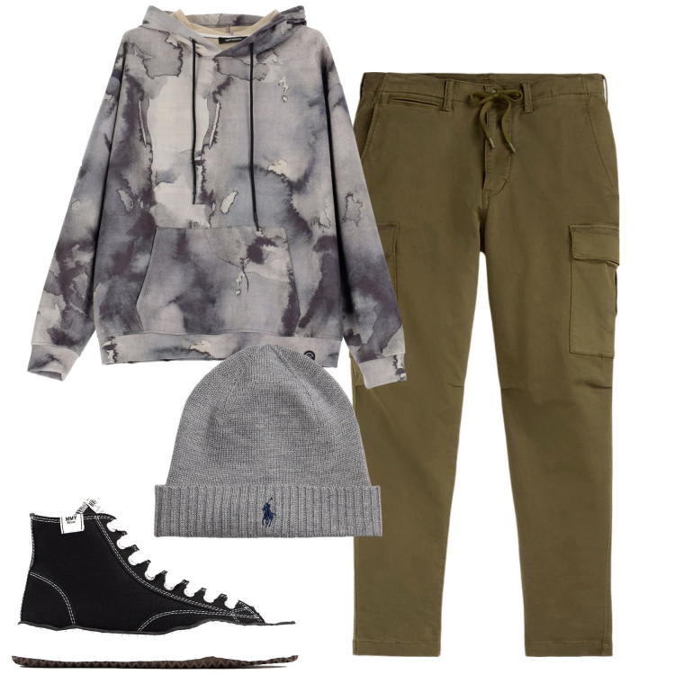 Outfit uomo - Total look #2022082. Stile Casual per Tutti i giorni. Abbinamento con felpe con cappuccio, berretti, pantaloni cargo, sneakers alte.
