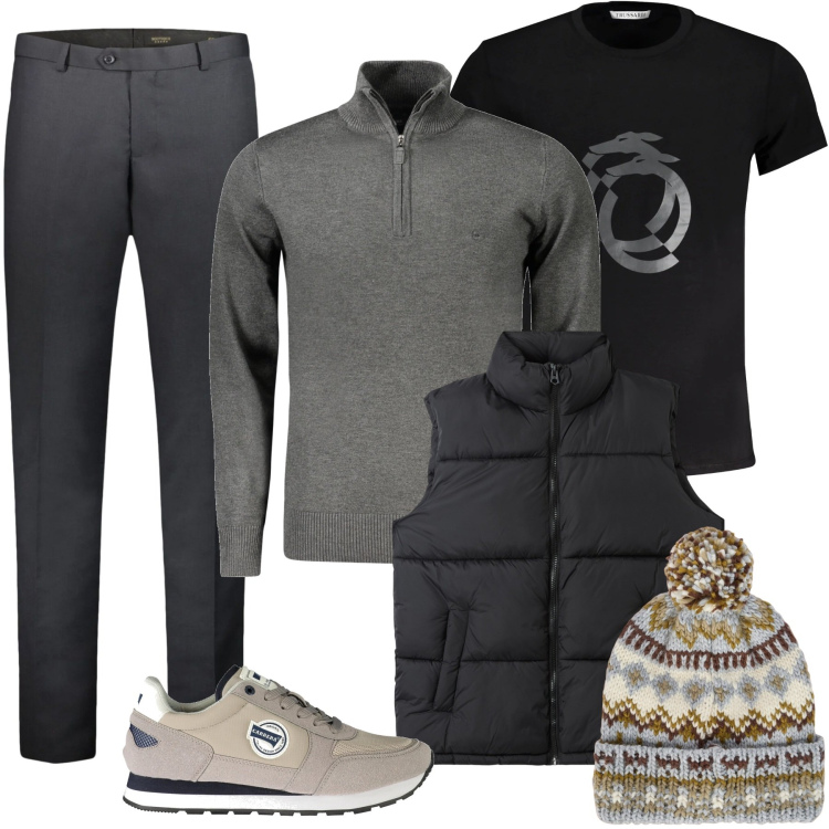 Outfit uomo - Total look #2022093-2. Stile Urban per Ufficio. Abbinamento con piumini, berretti, maglieria, sneakers, pantaloni, t-shirt.