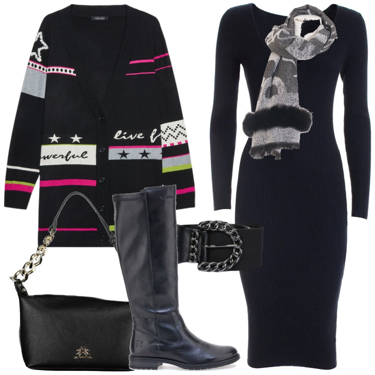 Outfit donna - Layering sofisticato - focus curvy. Stile Casual chic per Tutti i giorni. Abbinamento con sciarpe, vestiti midi/longuette, stivali sopra il ginocchio, cardigans, cinture, borse a spalla.