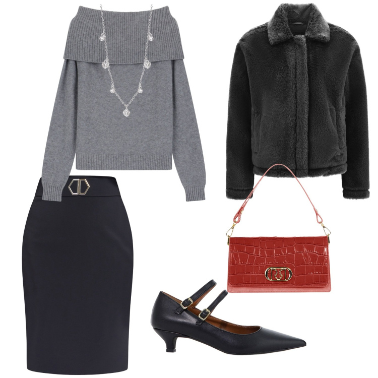 Outfit donna - Questa sono io. per Tutti i giorni. Abbinamento con collane, borse a tracolla, gonne, maglieria, décolleté, cappotti.