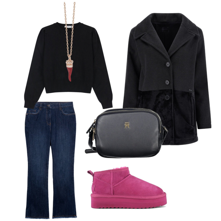Outfit donna - Semplicità in rosa. per Tutti i giorni. Abbinamento con collane, pullovers, cappotti, stivaletti, borse a tracolla, jeans a zampa.