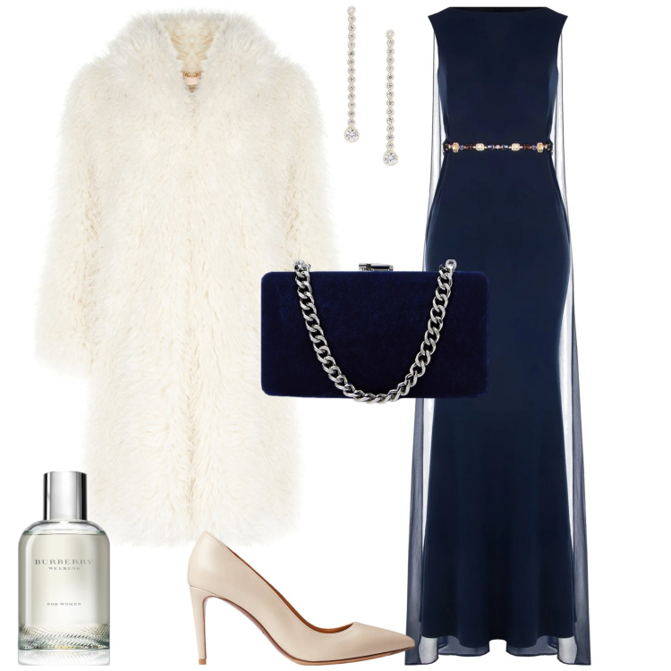 Outfit donna - Total look #2022141. Stile Bon Ton per Serata fuori. Abbinamento con profumi, vestiti lunghi, cappotti, décolleté, clutch, orecchini.