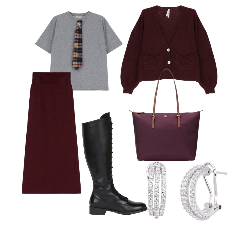 Outfit donna - Tra colleghi. per Ufficio. Abbinamento con orecchini, gonne longuette, cardigans, t-shirt, borse tote, stivali.