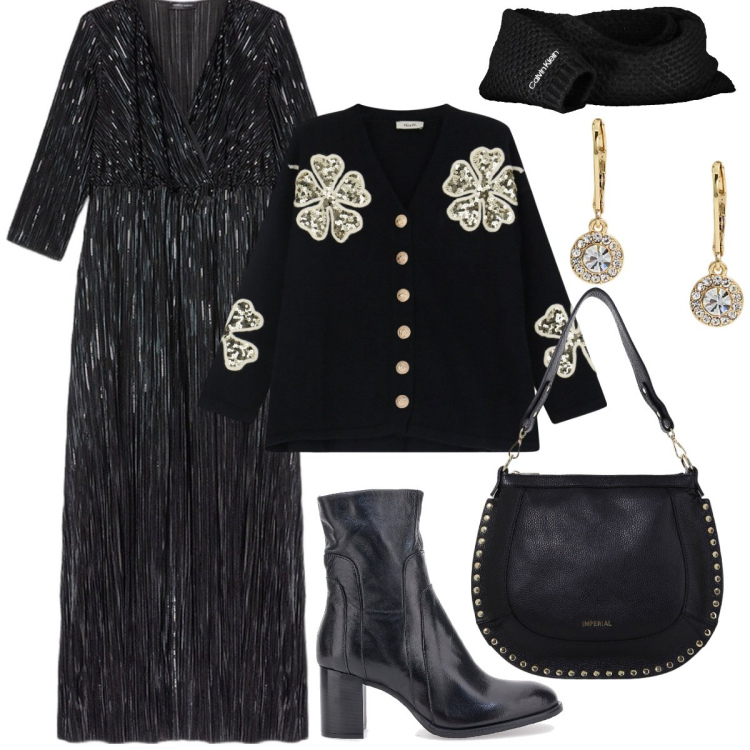 Outfit donna - Layering sofisticato - donna curvy. Stile Casual chic per Serata fuori. Abbinamento con borse a spalla, cardigans, orecchini, stivaletti, sciarpe, vestiti lunghi.