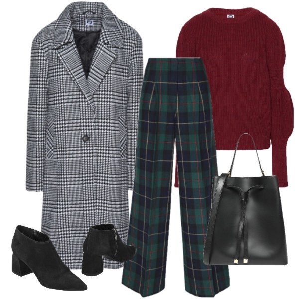 Outfit donna - Trendy #26950. Stile Trendy per Tutti i giorni. Abbinamento con pullover a trecce, pantalone, borsa a mano secchiello made italy con coulisse rigido, cappotto pied de poule in flanella monopetto, stivaletti.