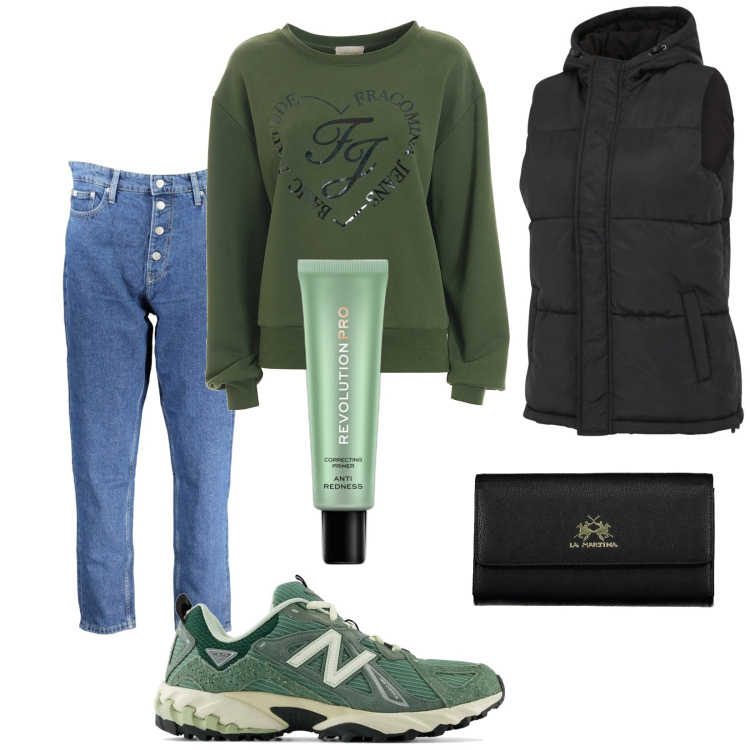 Outfit donna - Total look #2022165. Stile Urban per Tutti i giorni. Abbinamento con primer, sneakers, gilet, felpe, portafogli, jeans mom.