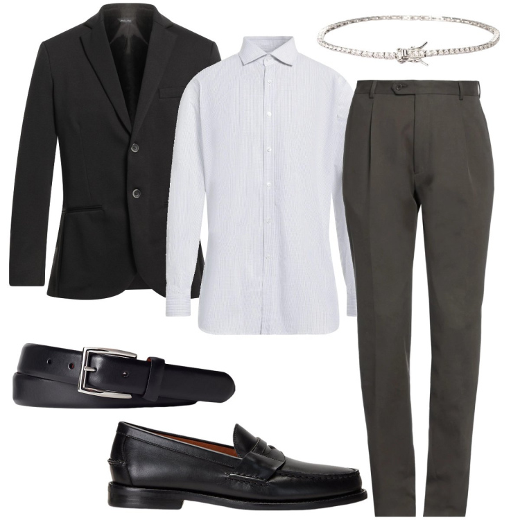 Outfit uomo - Look da festa. Stile Business/Elegante per Serata speciale. Abbinamento con pantaloni, giacche, camicie, braccialetti, scarpe stringate, cinture.