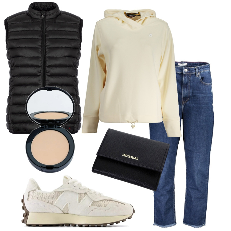 Outfit donna - Total look #2022169. Stile Urban per Tutti i giorni. Abbinamento con ciprie, sneakers, portafogli, piumini, jeans strappati, felpe con cappuccio.