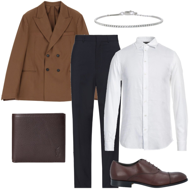 Outfit uomo - Pronto per le Feste. Stile Business/Elegante per Serata speciale. Abbinamento con camicie, scarpe stringate, pantaloni, braccialetti, giacche, portafogli.