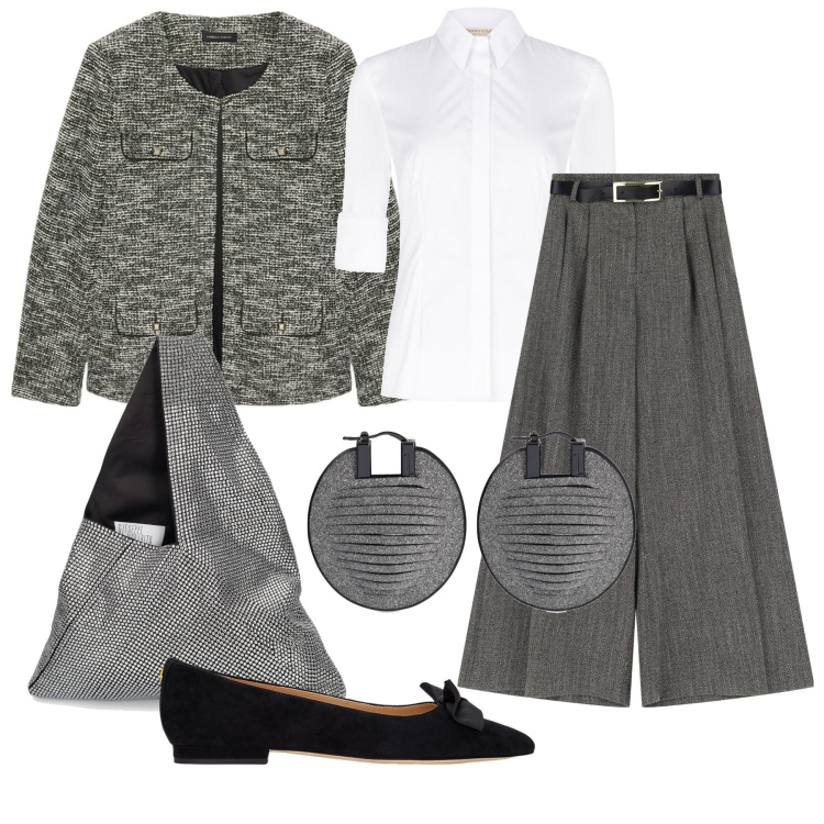 Outfit donna - Giacca sale e pepe. Stile Chic per Ufficio. Abbinamento con camicie, pantaloni, ballerine, orecchini, borse a spalla, blazer.