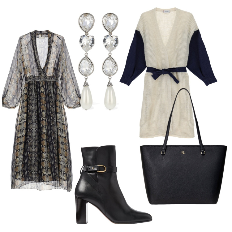 Outfit donna - In chiaro per le feste. per Tutti i giorni. Abbinamento con cardigans, vestiti, borse tote, stivaletti, orecchini.