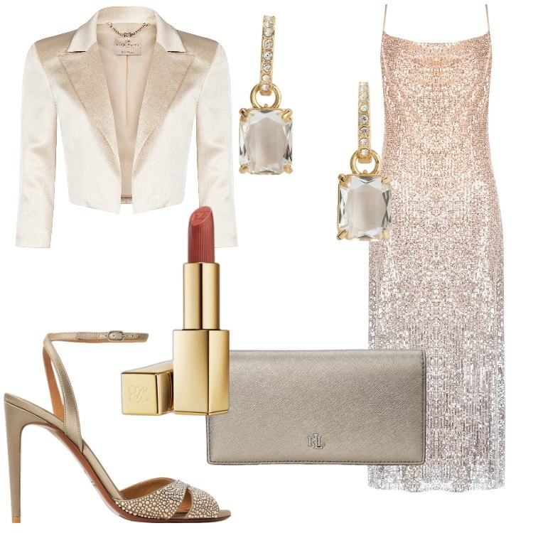 Outfit donna - Brilla a Capodanno - @valentinadringoli. Stile Glamour per Serata fuori. Abbinamento con rossetti, bolero, vestiti lunghi, orecchini, sandali col tacco, portafogli.