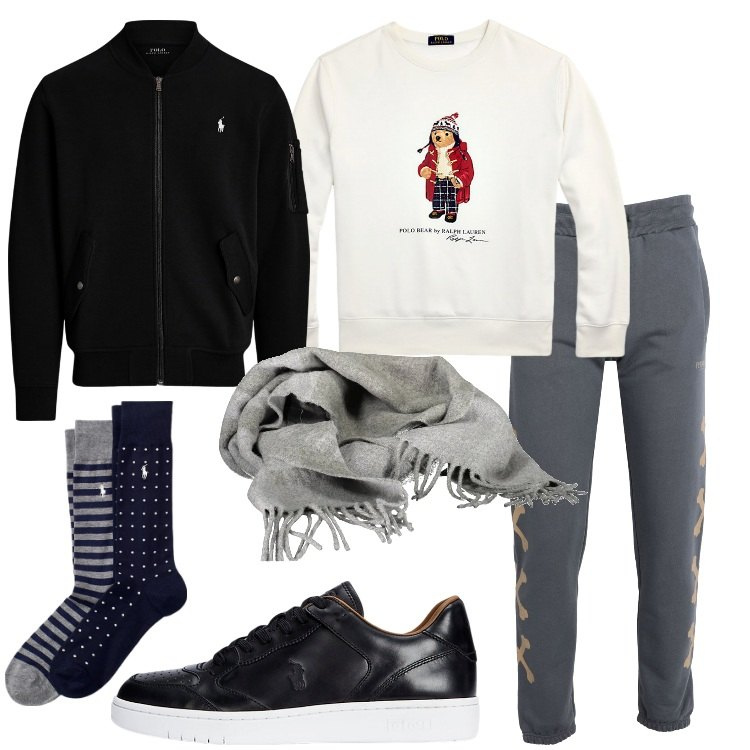 Outfit uomo - Sportivo raffinato. Stile Casual per Tutti i giorni. Abbinamento con pantaloni sportivi, calzini, bomber, sneakers, felpe, sciarpe.