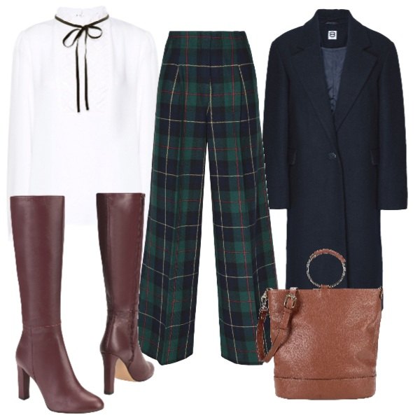 Outfit donna - Total look #202220. Abbinamento con pantalone, stivali in pelle, cappotto a bottone, borsa a tracolla secchiello in pelle martellata doppio manico, blusa.