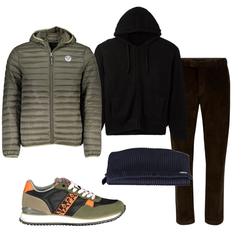 Outfit uomo - Total look #2022200. Stile Urban per Tutti i giorni. Abbinamento con cardigans, giacche, sneakers, sciarpe, pantaloni.
