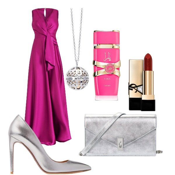 Outfit donna - scintillante a Capodanno. Stile Chic per Serata fuori. Abbinamento con rossetti, profumi, vestiti lunghi, collane, décolleté, clutch.