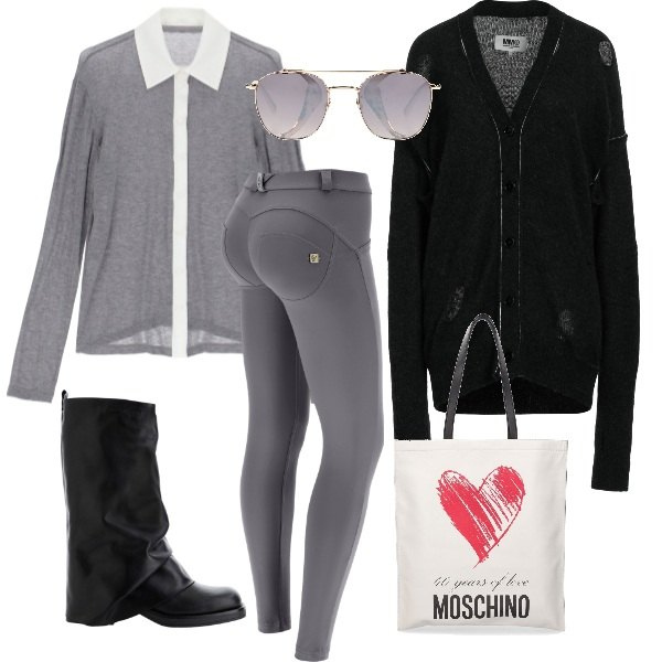 Outfit donna - Shopping. Stile Casual chic per Tutti i giorni. Abbinamento con cardigans, occhiali da sole, camicie, pantaloni skinny, stivali, shopping bag.