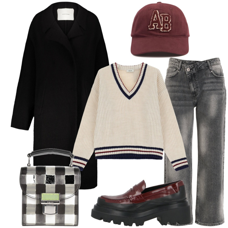 Outfit donna - Tendenze. Stile Trendy per Tutti i giorni. Abbinamento con borse a mano, mocassini, jeans, pullovers, cappotti, cappelli.
