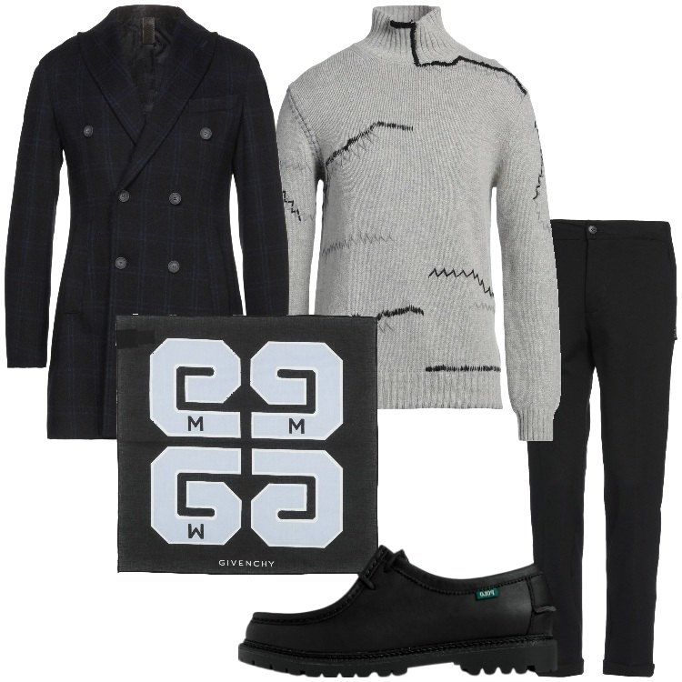 Outfit uomo - A cena fuori. Stile Trendy per Serata speciale. Abbinamento con sciarpe, maglieria, pantaloni, cappotti, scarpe stringate.
