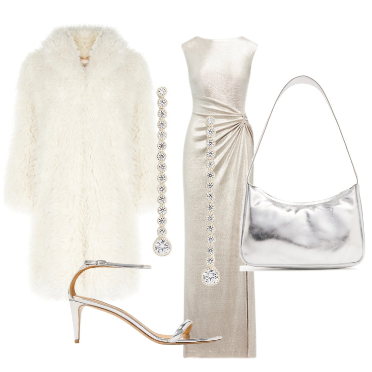 Outfit donna - Festive glam. Stile Chic per Serata fuori. Abbinamento con cappotti, vestiti, orecchini, sandali col tacco, borse a spalla.