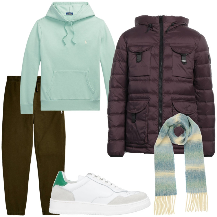 Outfit uomo - Sportivo raffinato. Stile Urban per Sport. Abbinamento con piumini, sciarpe, sneakers, felpe con cappuccio, pantaloni.