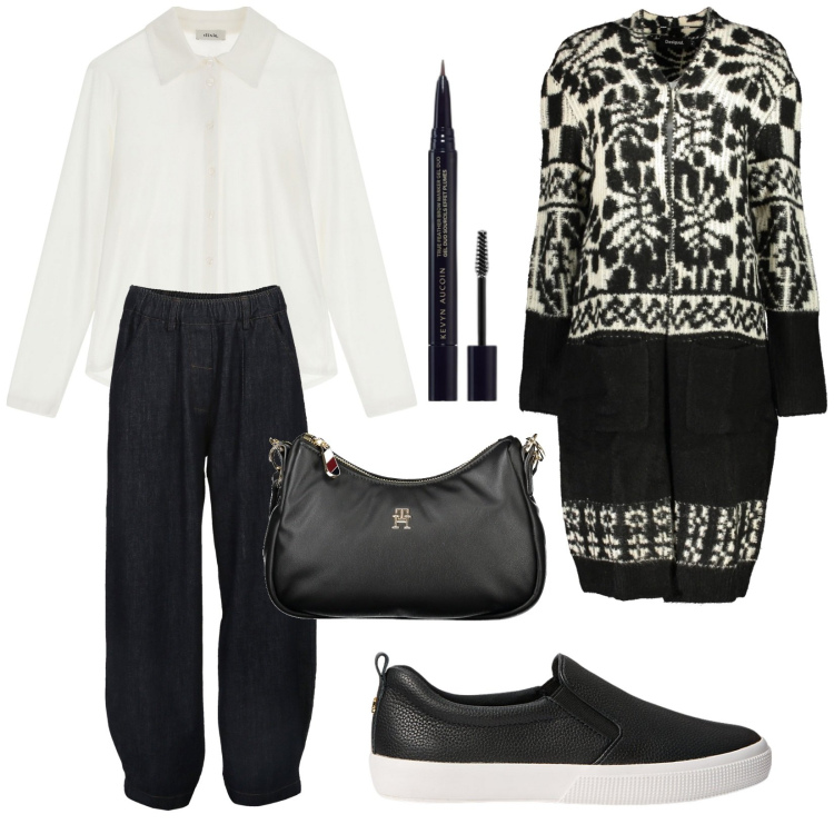 Outfit donna - Ok!. Stile Trendy per Tutti i giorni. Abbinamento con eyeliner, camicie, jeans, sneakers, cappotti, borse a spalla.