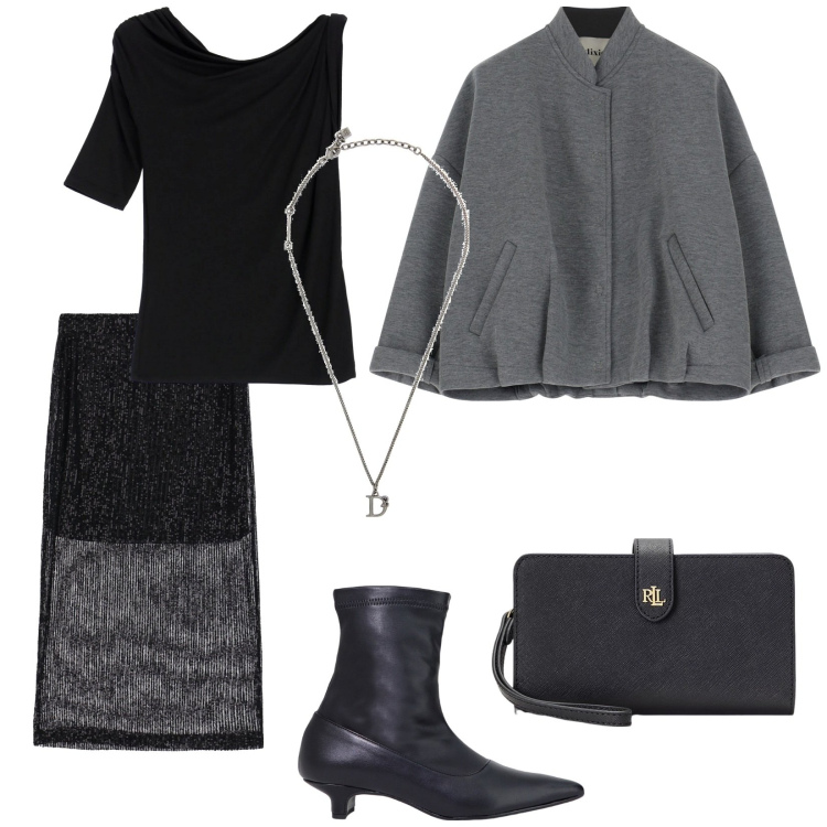 Outfit donna - In!. Stile Chic per Serata fuori. Abbinamento con collane, top, stivaletti, bomber, gonne longuette, pochette.