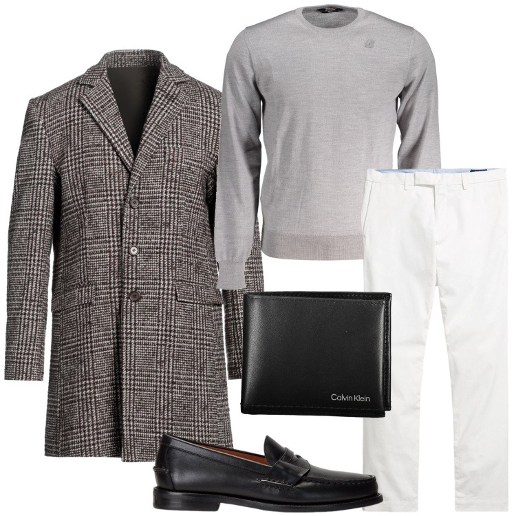 Outfit uomo - Cappotto principe di galles. Stile Urban per Serata speciale. Abbinamento con cappotti, scarpe stringate, pantaloni chino, portafogli, maglieria.