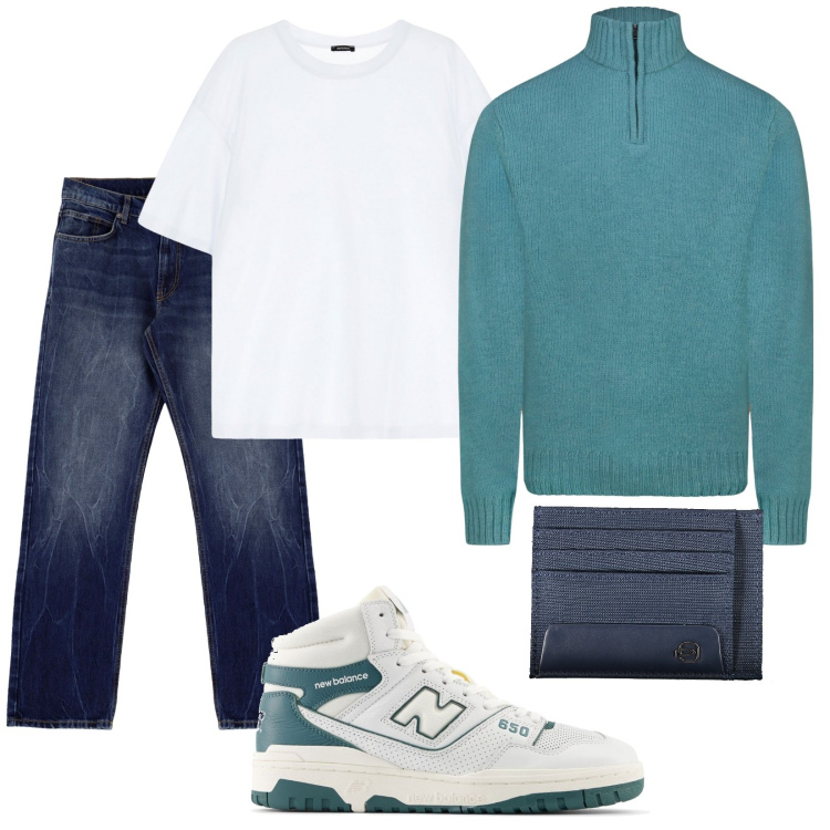 Outfit uomo - Total look #2022256. Stile Casual per Tutti i giorni. Abbinamento con sneakers, jeans dritti, t-shirt, maglieria, portafogli.