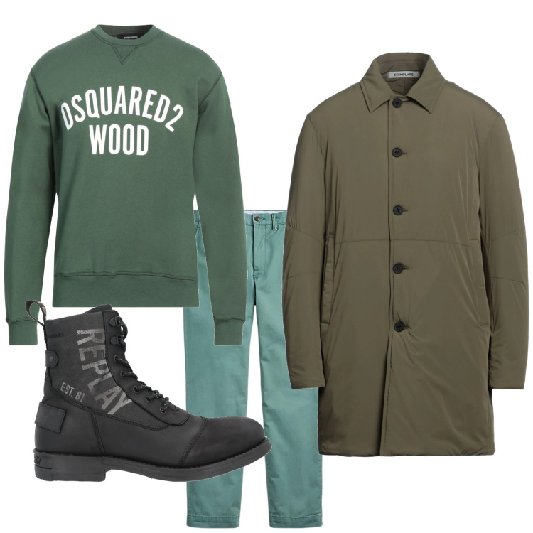 Outfit uomo - Green winter. Stile Trendy per Ufficio. Abbinamento con felpe, stivali e stivaletti, trench, pantaloni.
