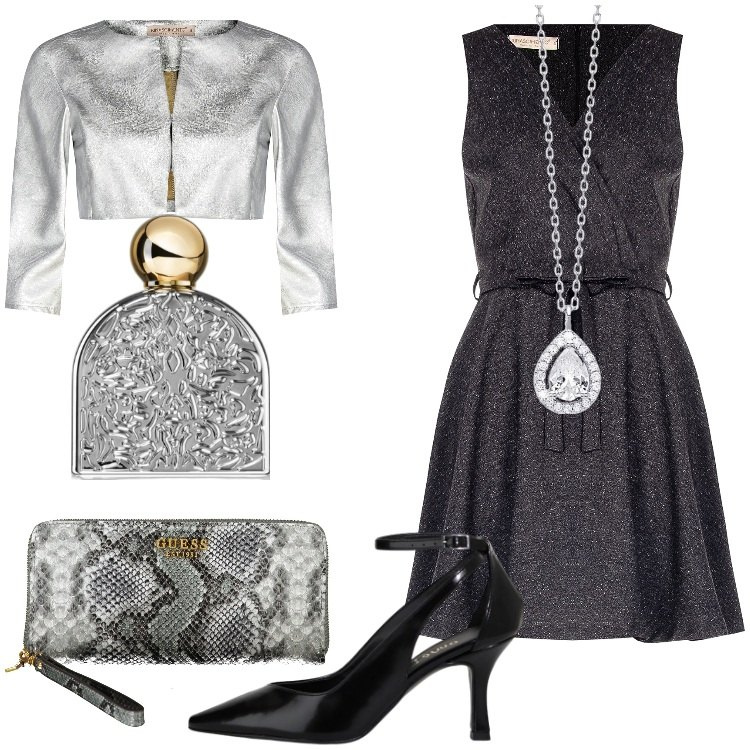 Outfit donna - Festive Glam. Stile Glamour per Serata fuori. Abbinamento con profumi, collane, bolero, vestiti senza maniche, décolleté, portafogli.
