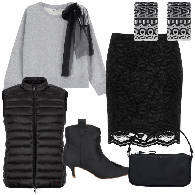 Outfit donna - La felpa elegante. Stile Glamour per Serata fuori. Abbinamento con stivaletti, minigonne, felpe, pochette, piumini, orecchini.