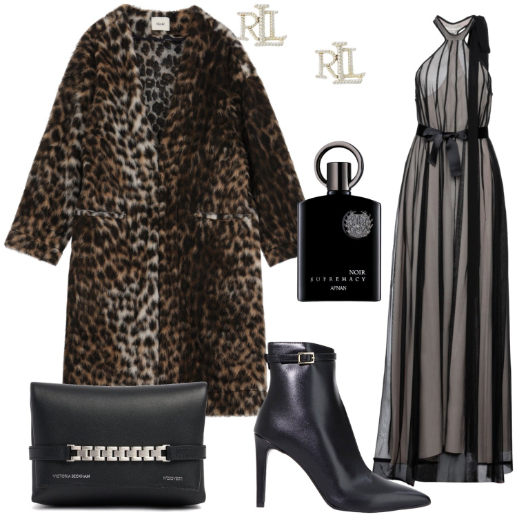 Outfit donna - Let s party. Stile Glamour per Serata fuori. Abbinamento con vestiti lunghi, profumi, stivaletti, cappotti, orecchini, pochette.