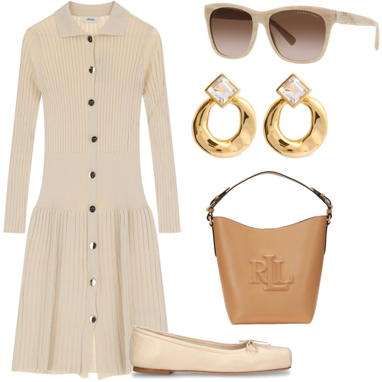 Outfit donna - Abito delizioso. Stile Bon Ton per Tutti i giorni. Abbinamento con vestiti midi/longuette, occhiali da sole, borse a secchiello, ballerine, orecchini.
